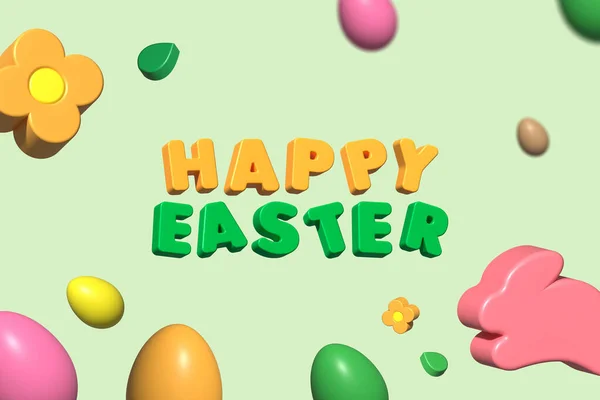 Holiday Easter background with colorful Easter eggs, text with Happy Easter, flowers, green leaves on pastel green background. Greeting card or poster. 3d rendering
