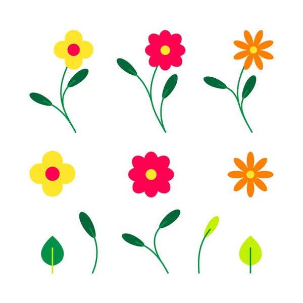Σύνολο Ανοιξιάτικων Καλοκαιρινών Λουλουδιών Και Φύλλων Επίπεδη Διανυσματική Απεικόνιση Απομονωμένη — Διανυσματικό Αρχείο