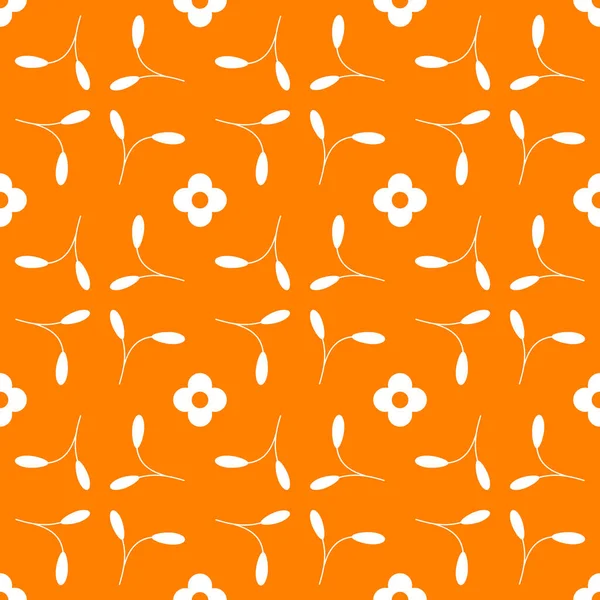 Белые Цветы Листья Оранжевом Фоне Бесшовный Повторяющийся Векторный Узор — стоковый вектор