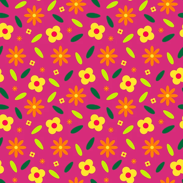粉色背景上五彩斑斓的花朵和树叶无缝重复矢量图案 — 图库矢量图片