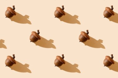 Pattern from acorns on pastel background. Autumn print. Thanksgiving day. Botany design. Autumn season minimal background. Sustainable Holidays
