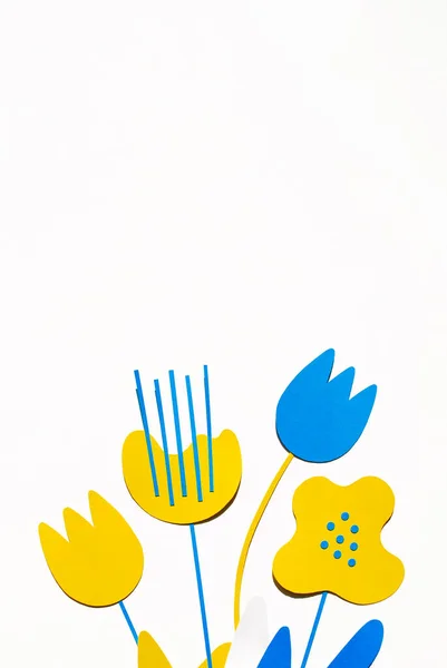 Blue Yellow Handmade Paper Flowers White Background Shadows Holiday Postcard — Φωτογραφία Αρχείου