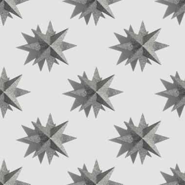Gri arka planda gölgeli gümüş yıldızlar. Kusursuz desen. Yeni yıl ya da Noel konsepti