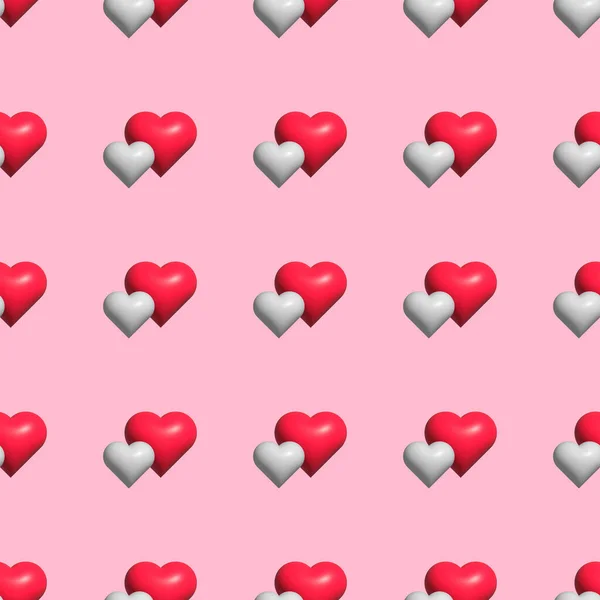 Seamless pattern with two white and red hearts on pastel pink background. Valentine\'s day and love concept. Mother day. Design for wrapping paper, fabrics, covers, cards, wallpaper. 3D illustration