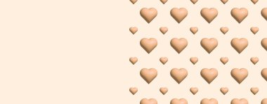 Şeftali tüylü kupa desenli pastel arka plan. Sevgililer Günü ve aşk konsepti. Anneler Günü. Pankart. Metin için boşluk