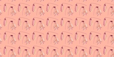 Şeftali rengi arka planda suluboya desensiz sarı ve pembe ince, soyut zambaklar. Pankart