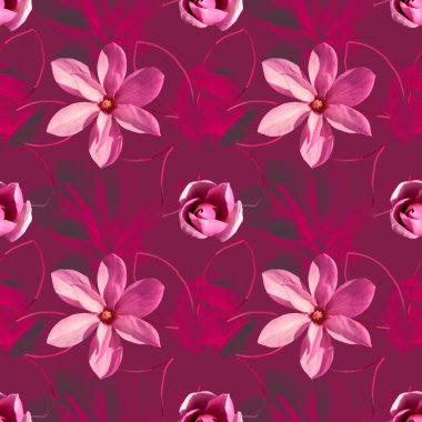 Pembe arka planda manolyası olan kusursuz bir desen. Çiçekli romantik kolaj