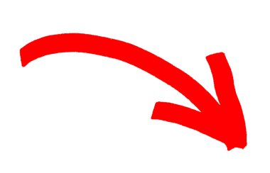 Down red arrow icon isolated on a white background. Curved graph falling down side. The arrow sign is drawn by hand with a marker. Flat lay. Clipping path