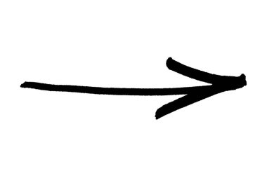 Black arrow brush stroke icon isolated on a white background. The arrow sign is drawn by hand with a marker. Marker, pen brush stroke. Flat lay. Clipping path