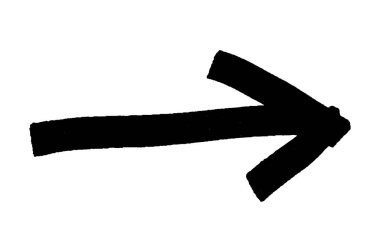 Black thick arrow brush stroke icon isolated on a white background. The arrow sign is drawn by hand with a marker. Marker, pen brush stroke. Flat lay. Clipping path