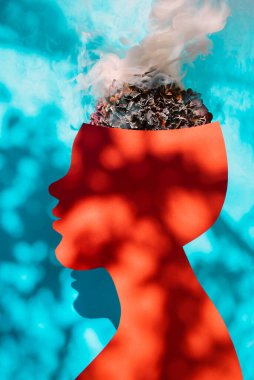 Mental exhaustion, burnout, stress concept. Psychology concept. Silhouette of a head red color filled with dried leaves hydrangea which resembles the brain, emitting smoke, set against a blue background with shadows clipart