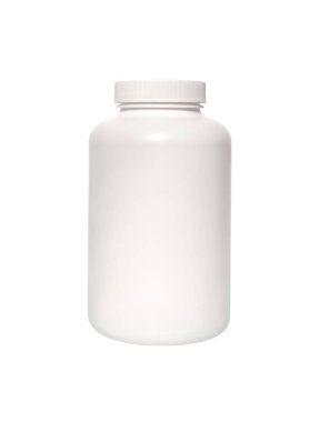 Beyaz ilaç şişesi, beyaz arka planda izole edilmiş. Boş ambalaj ya da vitamin ürünleri için beyaz plastik şişe. Tasarım modeli. Düz yatıyordu. Kesme yolu