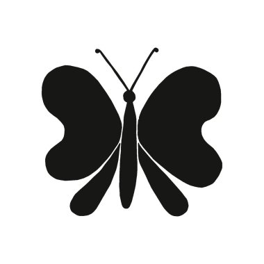 Beyaz arka planda siyah renk işareti olan kelebek silueti izole edilmiş. Elle çizilmiş karalama çizimi, Clipart. Kesme yolu. Düz yatıyordu