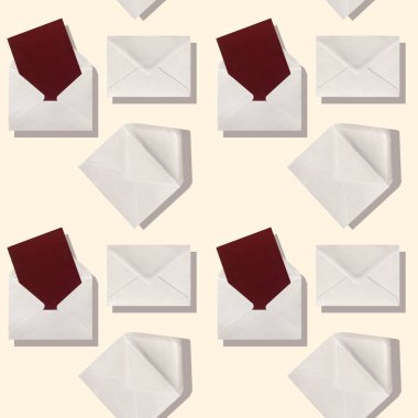 Seamless pattern square with many blank gray envelope with red blank card on pastel light background. Business or office concept