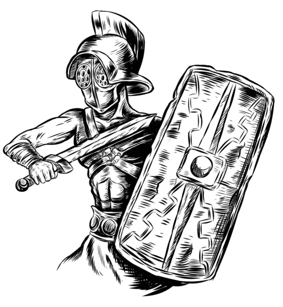 Gladiator Warrior Black White Vector Iillustration — Stock Vector