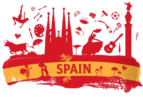 Spanyolország Utazási Banner Ikon Emlékművek Zászló Vektor — Stock Vector