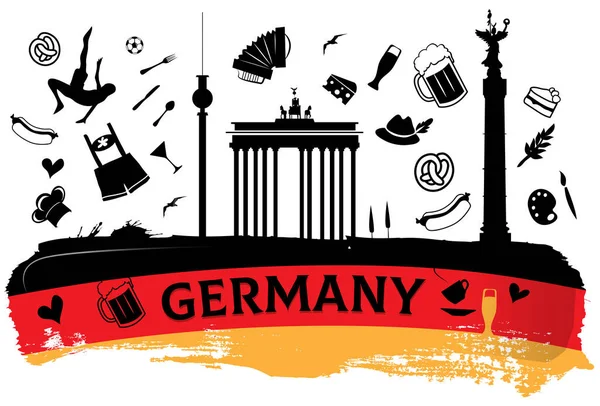 Németország Utazási Banner Ikonnal Emlékművekkel Zászlón Vektor Illusztráció — Stock Vector