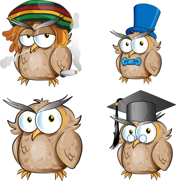 Vector Cartoon Illustration Owl Character Set Collection — Stock Vector