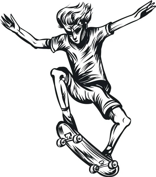 年轻滑板选手在滑板上跳跃的草图 — 图库矢量图片