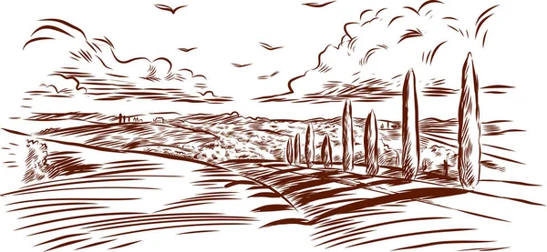 Landelijk Landschap Panoramisch Met Hand Getekend Illustratie Graveerstijl — Stockvector