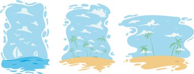 Plaj eşyaları ve palmiye ağacı olan bir dizi yaz tatili broşürü. Vektör illüstrasyonu