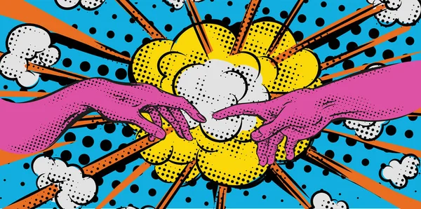 Vintage Retro Comics Boom Explosion Crash Touch Hands Adam Michelangelo — Stock Vector