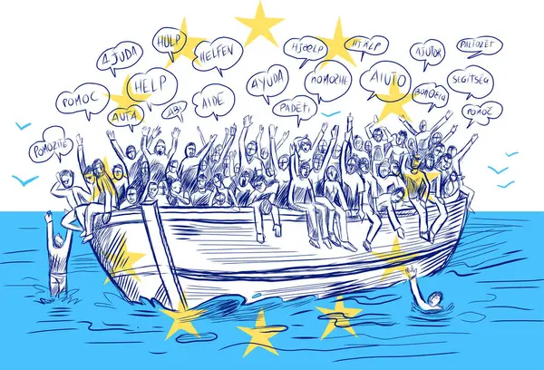 Міграція Біженців Африки Європи Шукач Притулку Векторна Рука Намальована Стокова Ілюстрація