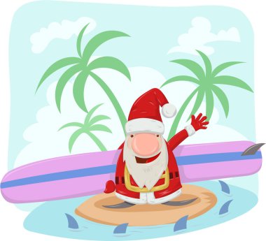 Noel Baba sörfçü karikatürü yaz arkaplanında. vektör illüstrasyonu