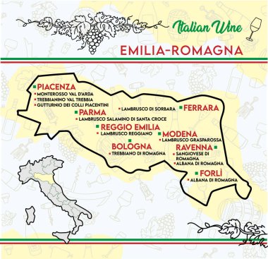 İtalya, Emilia Romagna 'dan tipik şarapların listesi. vektör illüstrasyonu