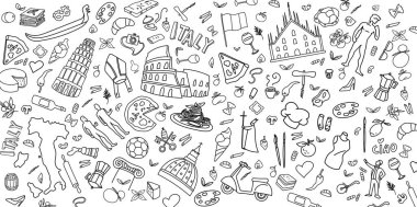 İtalya Seyahat Çizgisi Sanat İllüstrasyonu. El Çekimi Vektör Klip Sanatı. arkaplan Afişi Logoları Ayarla