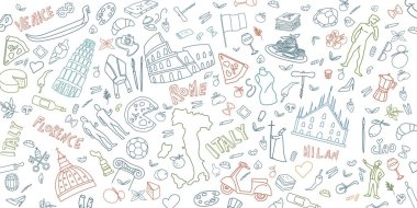 İtalyan Travel Doodle renk ikonu Sanat İllüstrasyonu. El Çekimi Vektör Klip Sanatı. arkaplan Afişi Logoları Ayarla