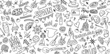 İspanya Seyahat Çizgisi Sanat İllüstrasyonu. El Çekimi Vektör Klip Sanatı. arkaplan Afişi Logoları Ayarla
