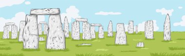 Arka planda Menhir, Cromlech ve Dolmen illüstrasyonlarıyla Antik Harabelerin Görünümü
