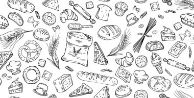 Fırın geçmişi. Ekmek, pasta ve tatlı ile çizilmiş yatay el çizimi. Fırın vektör çizimi. vektör illüstrasyonu