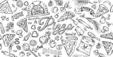 Doodle Style 'da pizza arka planı. Yatay El çizimi. vektör resimlemesini ayarla