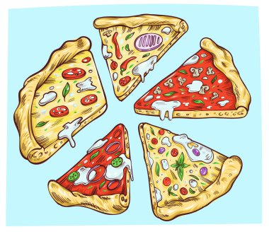 Patlayıcı etkisi olan yuvarlak pizza dilimleri. Çizgi film tarzında vektör illüstrasyonu