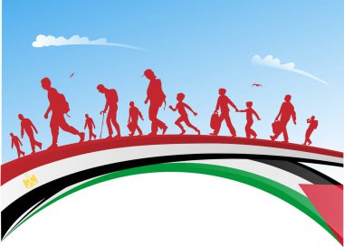 Filistinli göçmenler sığınma talebiyle Mısır bayrağında yürüyorlar. vektör illüstrasyonu