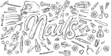Nails Doodle Line Sanat İllüstrasyonu. El Çekimi Vektörü. arkaplan Bayrağı Ögeleri Ayarla