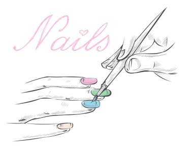 Oje sürerken kadın. Manikür sanatı. Güzellik salonu kavramı. El çizimi illüstrasyon.