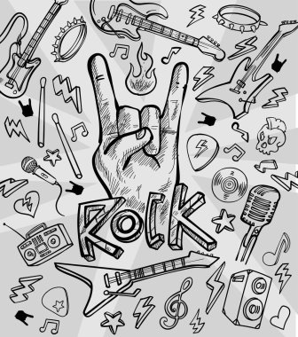Rock and roll doodle siyah-beyaz çizim seti. vektör illüstrasyonu