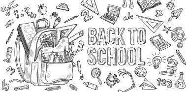 Yatay El Çizimi Okul Sırt Çantası İllüstrasyonunda Çeşitli Okula Dönüş Doodle Elementleri. Sancak arkaplanı