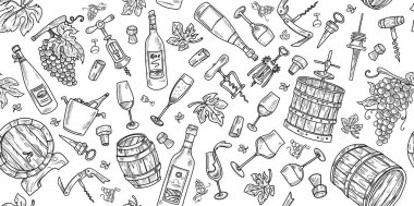 El çizimi resimli şarap temalı vektör simgeleriyle arka plan afişi.