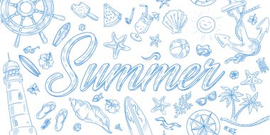 El çizimi yaz unsurları içeren, karalama tarzında bir arkaplan harflerinin vektör illüstrasyonu