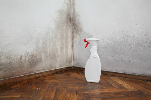 Old house wall with mold and cleaning solution in a bottle