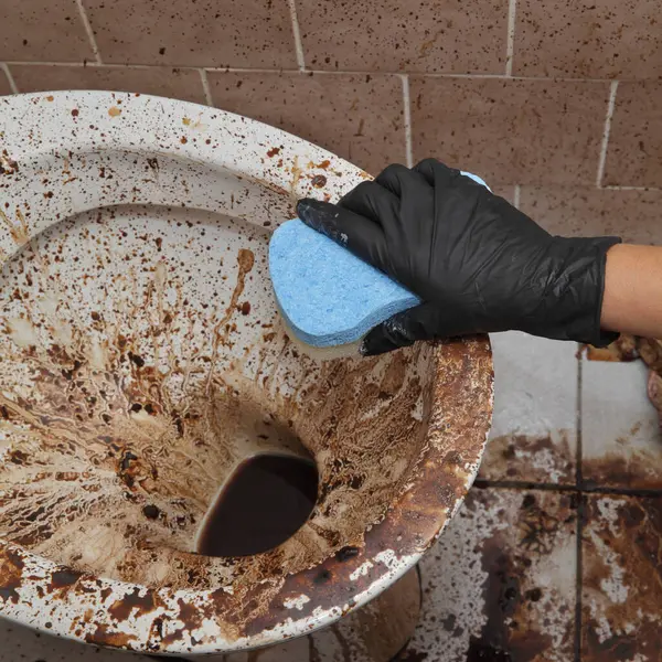 女性手在防护手套清洁脏厕所用海绵 凌乱的厕所在肮脏的浴室 非常糟糕的条件 图库照片