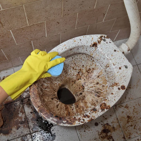 女性手在防护手套清洁脏厕所用海绵 凌乱的厕所在肮脏的浴室 非常糟糕的条件 图库图片