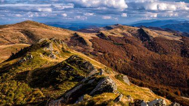 Renkli sonbahar dağ manzarası, Bieszczady Dağları, Karpatlar, Polonya.