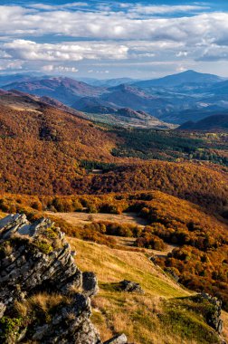 Renkli sonbahar dağ manzarası, Bieszczady Dağları, Karpatlar, Polonya ve Ukrayna.