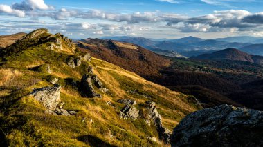 Renkli sonbahar dağ manzarası, Bieszczady Dağları, Karpatlar, Polonya.