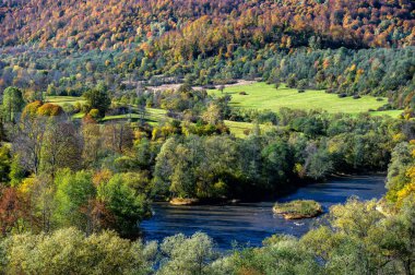 San River Vadisi. Polonya 'nın Bieszczady Dağları, Tworylne köyü. Renkli sonbahar dağ manzarası.